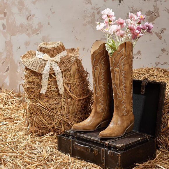 Women's Classic Attract Floral Brown Embroidered Chunky Heel Tall Boot - Picture 4 of 6